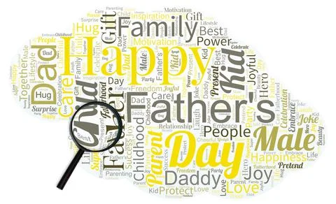 Big word cloud in the shape of UFO with magnifying glasswith words happy Father Stock Illustration