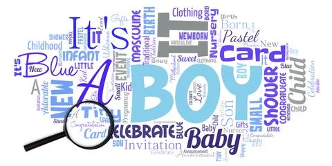 Big word cloud in the shape of UFO magnifying glass with words It S A Boy Stock Illustration