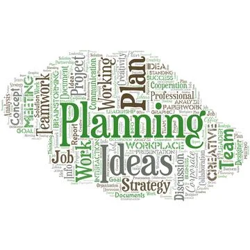 Big word cloud in the shape of UFO with words planning. Process of thinking Illustrazione stock