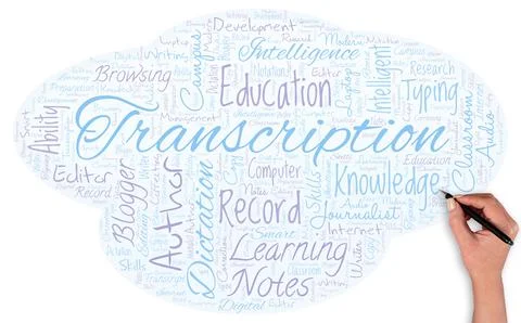 Big word cloud in the shape of UFO with hand and pen with word transcription イラスト素材