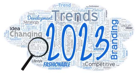 Big word cloud in the shape of UFO with magnifying glass with words Trends 2023 스톡 일러스트