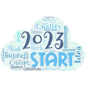 Big word cloud with words 2023 Start. Remembering past year events main actions Stock Illustration