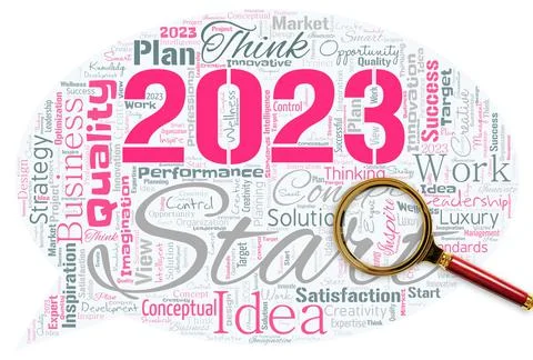 Big word cloud with words 2023 Start with magnifying glass. Remembering past Stock Illustration