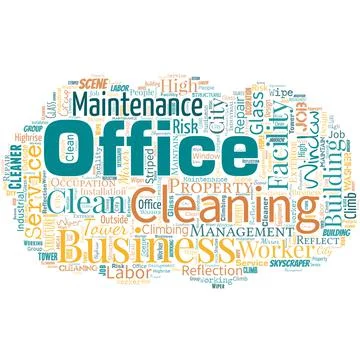 Big word cloud with words office cleaning. Commercial buildings are used for Ilustración de archivo