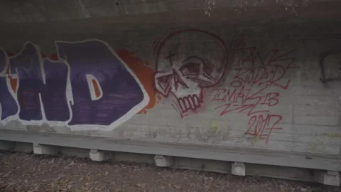 Big word graffiti pan right to left skull and mind Stock Footage 153476111