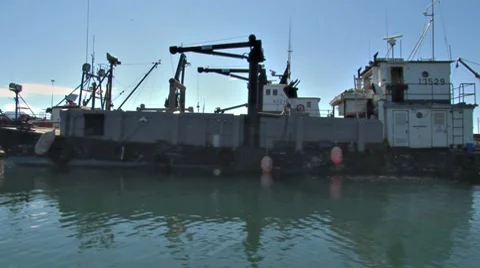 Big Working Boats in Harbor - pass by Stock Footage 8577003