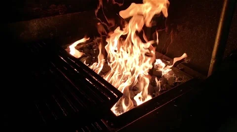 Big yellow fire, at a barbeque, in a restaurant Stock Footage 56063261
