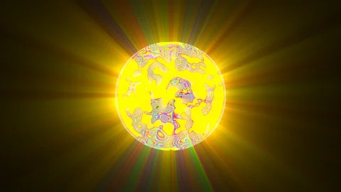 Big Yellow Glowing Rays Ball Multicolored Abstract Motion Background Loop Stock Footage 101725030