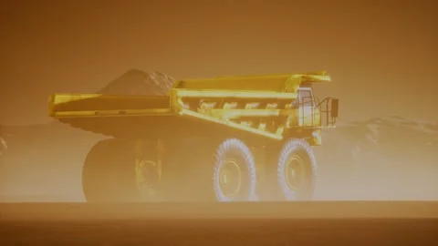 Big yellow mining truck in the dust at career Stock Footage 131632072