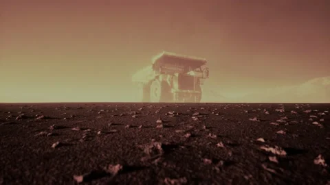 Big yellow mining truck in the dust at career Stockbeeldmateriaal 133842571
