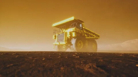 Big yellow mining truck in the dust at career Stock Footage 135887809
