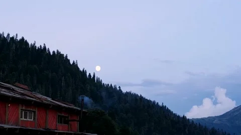 Big yellow moon at evening sky on natural dense forest and rustic wooden house Stock Footage 145842473