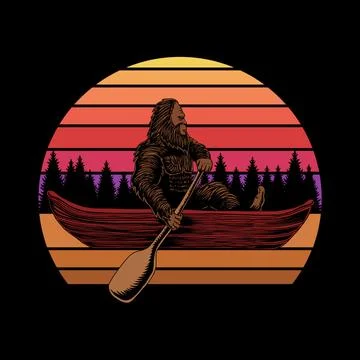 Bigfoot canoe sunset retro vector illustration Stock Illustration