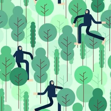 Bigfoot in forest pattern. Yeti walking in thicket. Snow man vector backgroun Ilustración de archivo