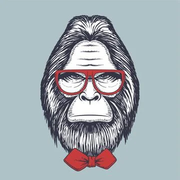 Bigfoot hand drawn wearing a red glasses and bow tie Stock Illustration