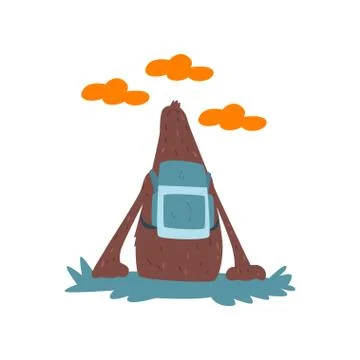 Bigfoot sitting on the ground with backpack and looking at the sky, mythical Illustrazione stock