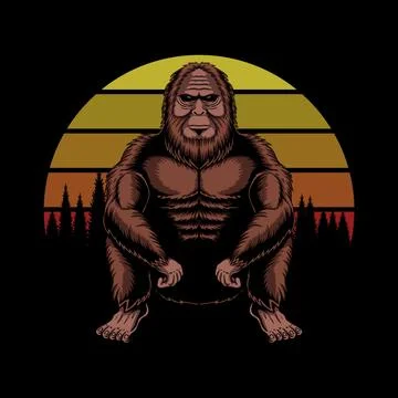 Bigfoot squat sunset retro vector illustration Stock Illustration