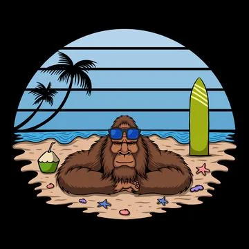 Bigfoot is sunbathing on the beach vector illustration Stock Illustration