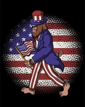 Bigfoot walking wearing a costume uncle sam america vector illustration Stock Illustration