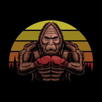 Bigfoot wearing boxing gloves sunset retro vector illustration Stock Illustration
