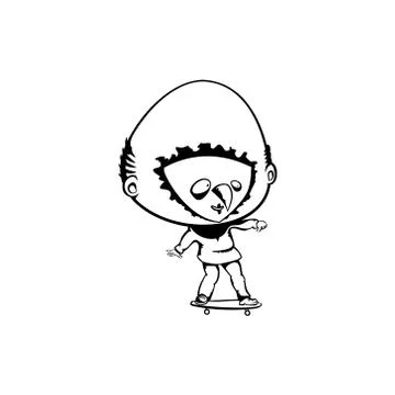 Bighead trying skating. hand drawn vector monochrome outline cartoon characte Illustrazione stock