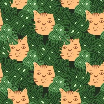 Bight seamless pattern with cat faces and monstera foliage. Print in green an 스톡 일러스트