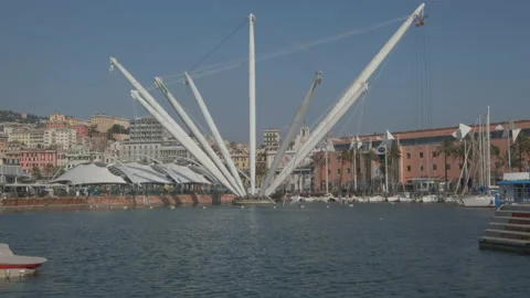 Bigo elevator attraction by Renzo Piano in Genoa old ancient port Porto Stock Footage 150410650