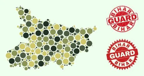 Bihar State Map Collage with Khaki Military Circle Elements with Scratched Guard イラスト素材