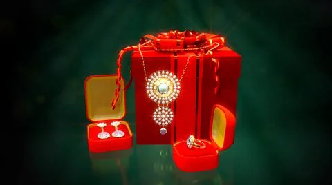 Bijouterie giftbox with choker ring and shackles with diamonds on dark green Stock Illustration