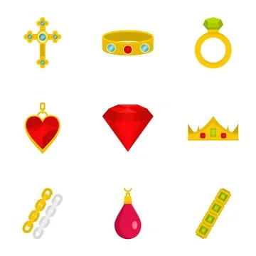 Bijouterie icon set, flat style Illustrazione stock