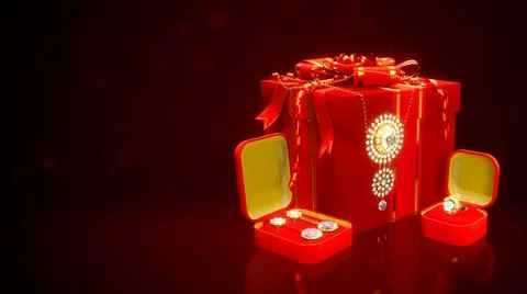 Bijouterie present with collar ring and eardrops with diamonds on side on red 스톡 일러스트