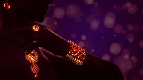 Bijouterie set - goldish collar ring wristband and shackle with red ruby jewels Stock Illustration