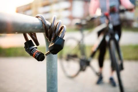 Bike Code Lock On A Bicycle Parking Rack 写真素材