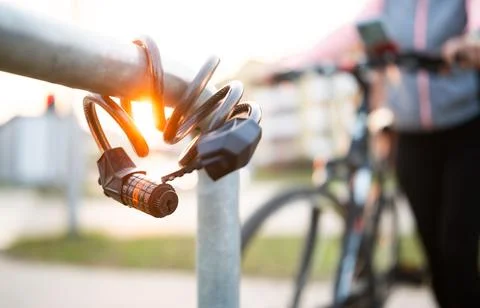 Bike Code Lock On A Bicycle Parking Rack Foto stock