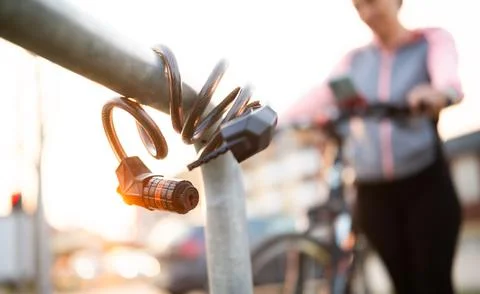 Bike Code Lock On A Bicycle Parking Rack Stockfoto's