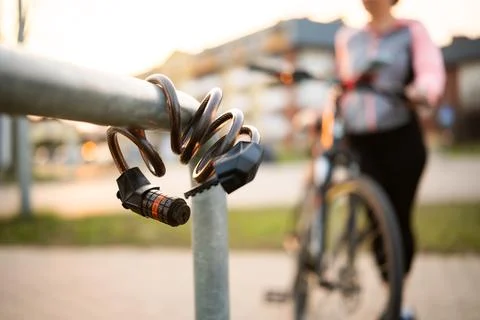 Bike Code Lock On A Bicycle Parking Rack 스톡 사진