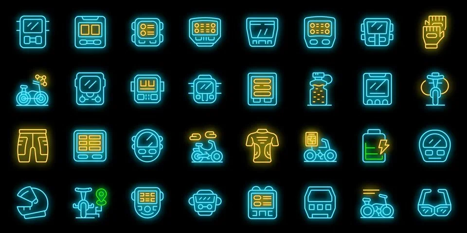 Bike computer icons set vector neon Stock Illustration