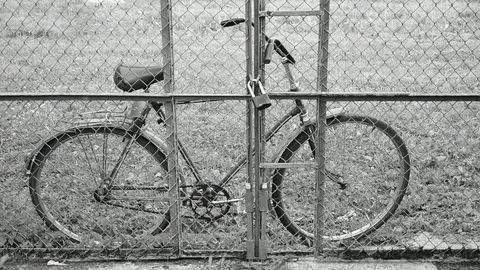 Bike parked by the grating Stock Footage 110841468