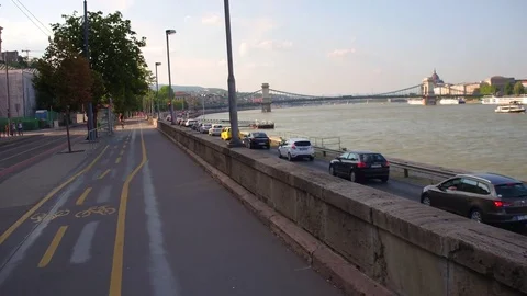 Bike path and bridge in Budapest Stock Footage