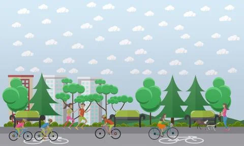 Bike path in the park concept vector illustration, flat style Illustrazione stock