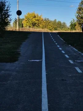 Bike path through trees with white markings Stock Photos