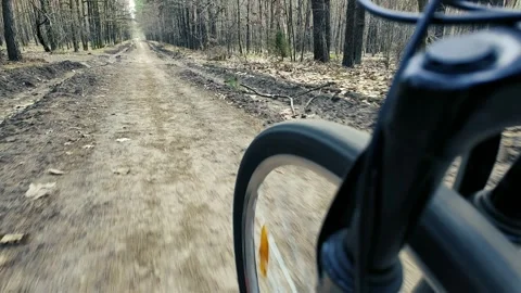 Bike POV: front wheel &amp; fork focus shift to forest trail. Cycling footage. Stock Footage 305161028