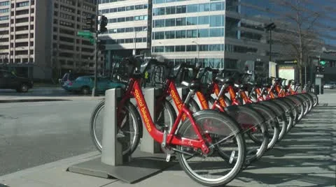 Bike share bikes parked downtown, DC, stock footage Stock Footage