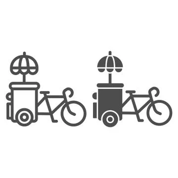 Bike stall line and solid icon, Street food concept, Ice cream bicycle cart sign 스톡 일러스트