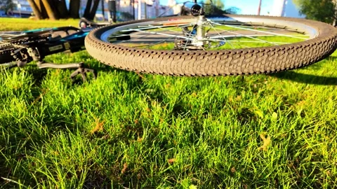 Bike Wheel Close-Up: Fallen Bicycle on Lush Grass (Tracking Shot Stock Footage 308177853
