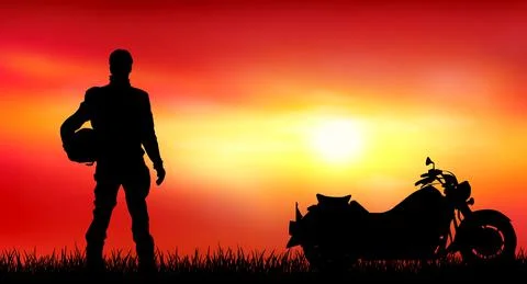Biker on the background of sunset Stock Illustration
