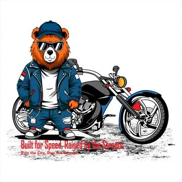 Biker Bear Mascot Standing Next to Motorcycle Wearing Jacket,Vector Design Stock Illustration
