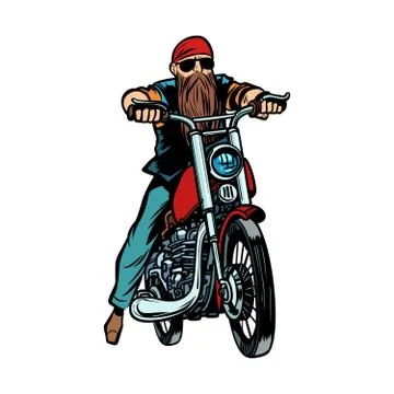 Biker bearded man on a motorcycle isolate on white background Stock Illustration