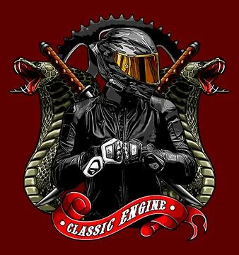 Biker being flanked by two snakes carrying two swords Stock Illustration