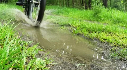 Biker on bicycle riding on muddy forest track. Vidéo 63402656